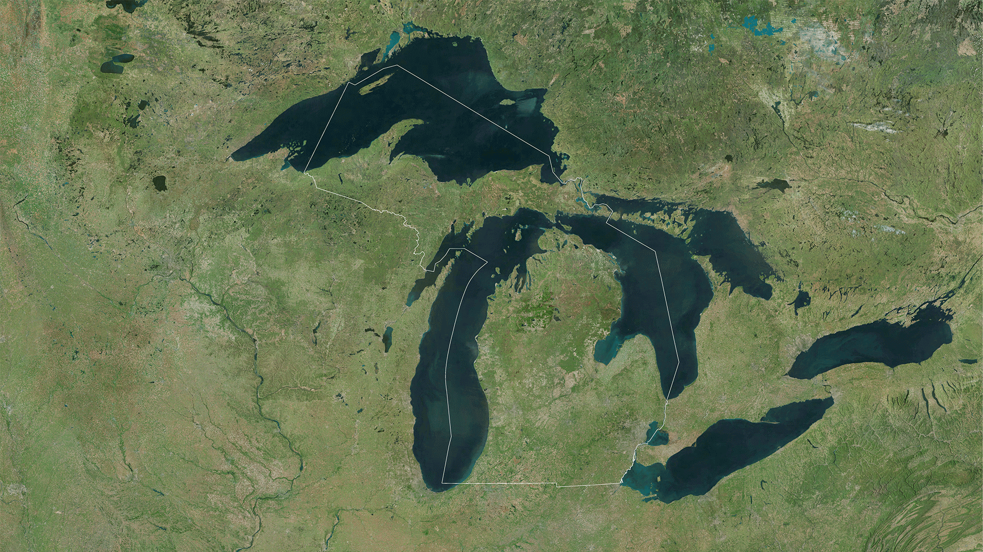 Satellite image of Michigan with a blue outline around its borders